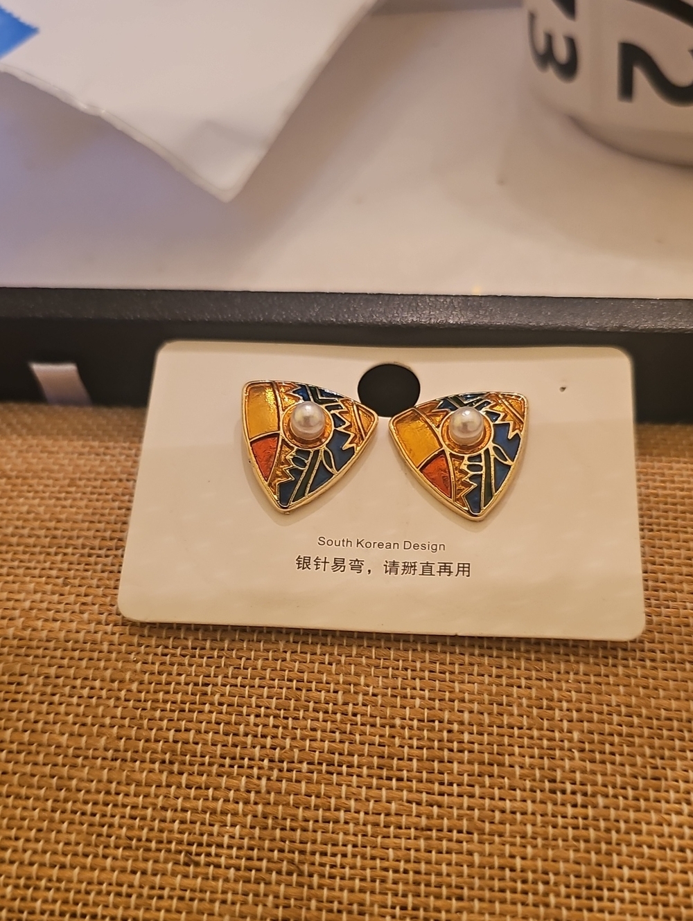 NWT South Korean Design Colorful Enamel Faux Pearl Sterling Silver Post Earrings
